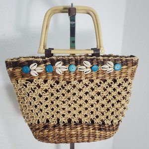 Nine West Straw Purse Handbag Cowrie Shells & Turquoise Buttons accents